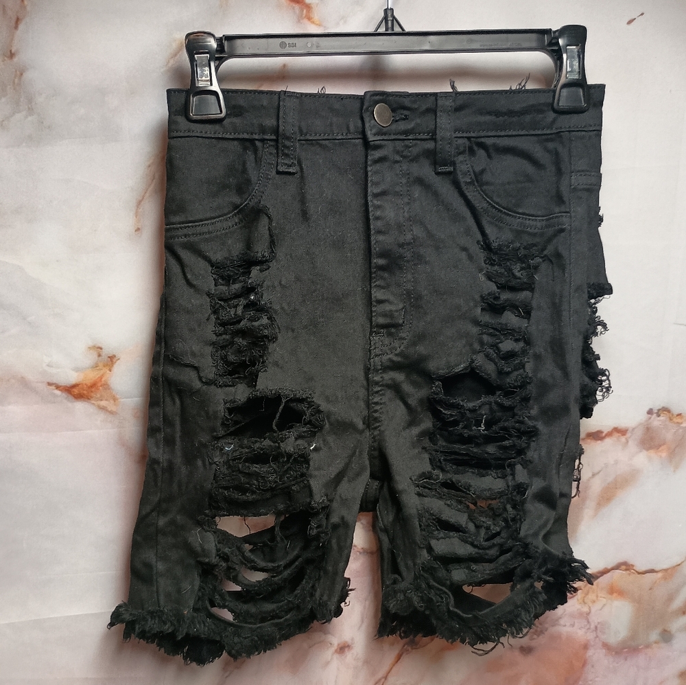NWT Fashion Nova Black‎ Distressed Denim Bermuda Shorts